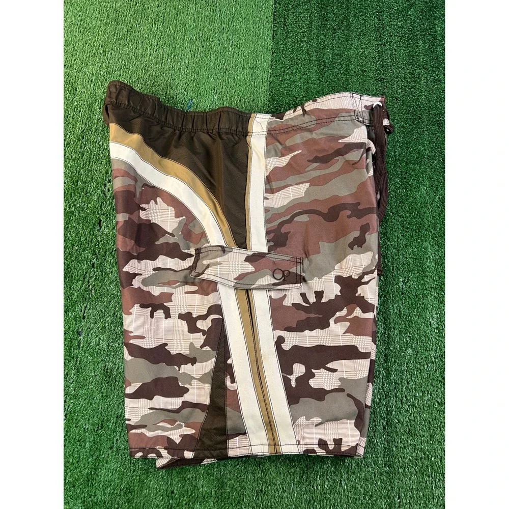 Ocean Pacific Mens Camo Plaid Board Shorts Brown Cargo Swim Trunks Size 36 1325